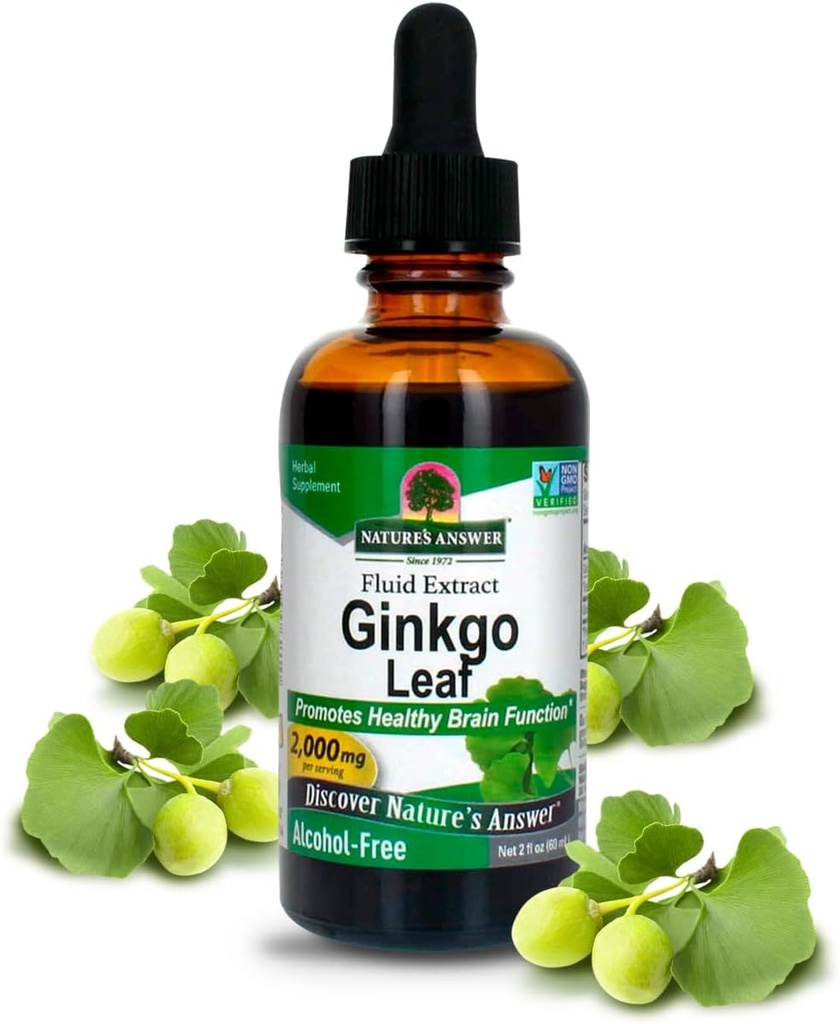 Réponse de la nature sans alcool Ginkgo Leaf 2000mg Extrait de 2 oz Stimule la mémoire, l'humeur et la concentration