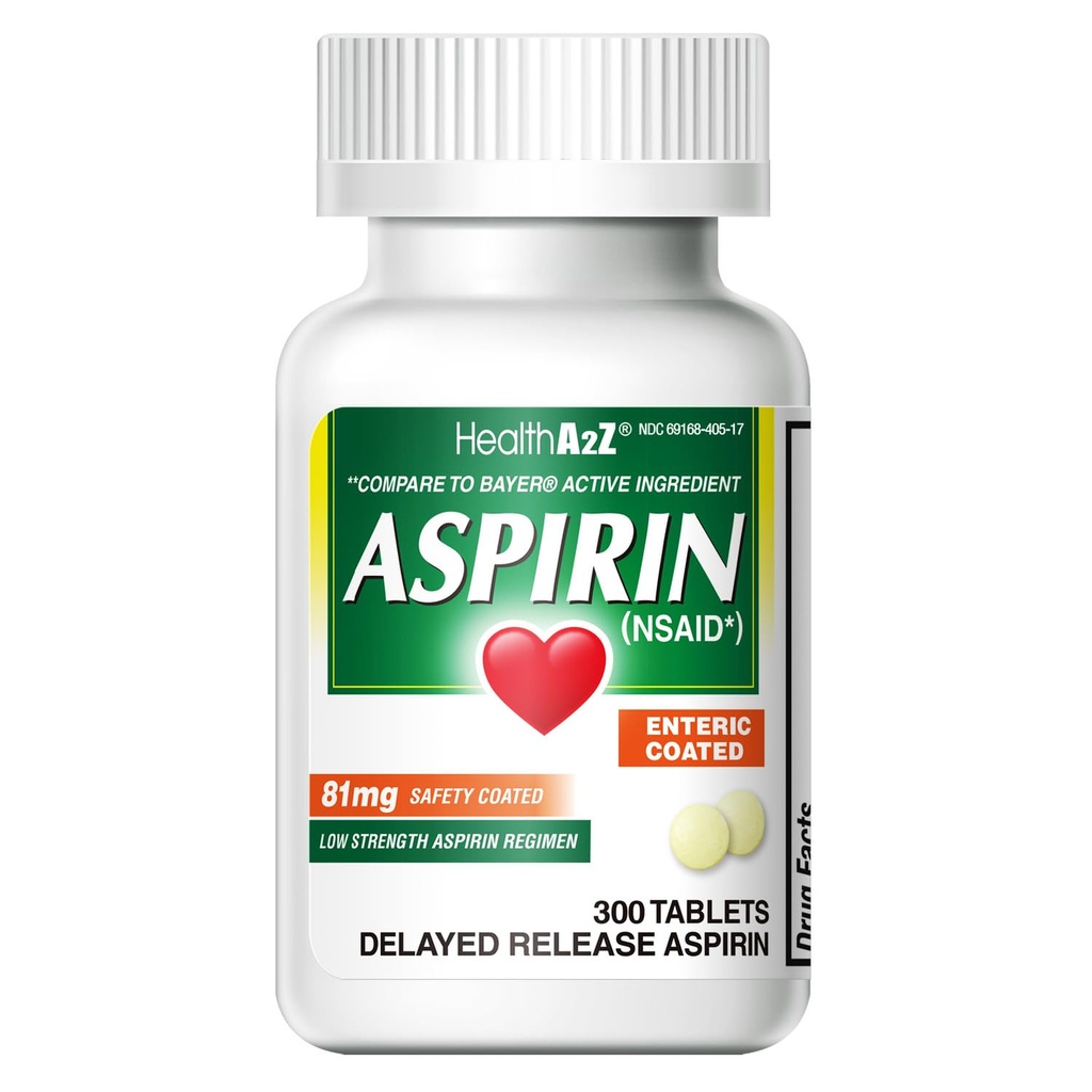SantéA2Z® Aspirine 81 mg , faible résistance , enrobé entérique , soulagement de la douleur réduit les douleurs musculaires mineures et les crampes , réducteur de fièvre réduit les maux de tête (300 comtes)