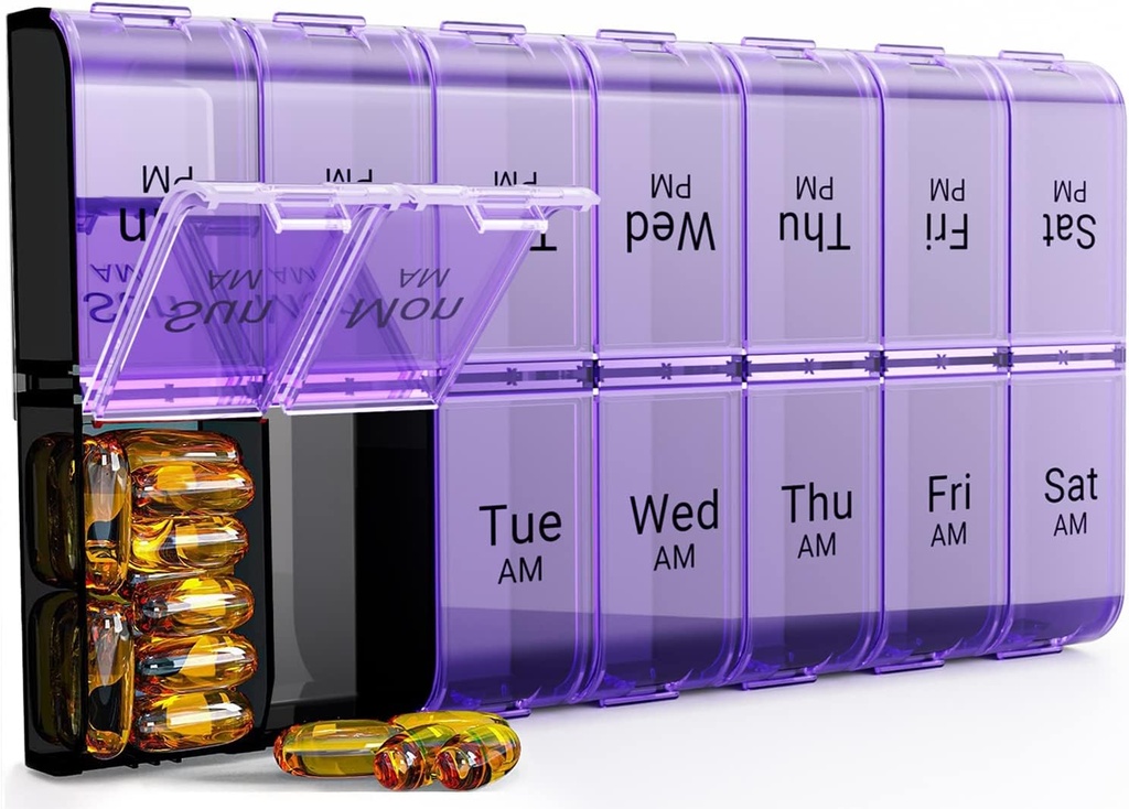 Semaine AM PM Extra Large Pill Organizer, 7 Day Pill Case 2 fois par jour, XL Day Night Pill Case Deux fois par jour, surdimensionné organisateur quotidien de médicaments pour la vitamine, contenant de pilule (Purple)