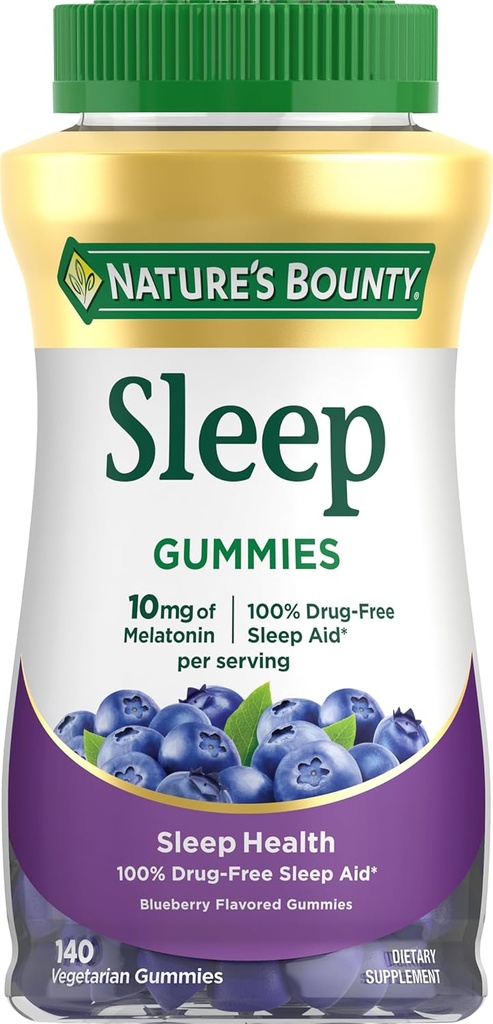Nature’s Bounty 10 mg Melatonin Gummy, 100% Drug Free Sleep Supplement, 10 mg, Blueberry, 140 Ct