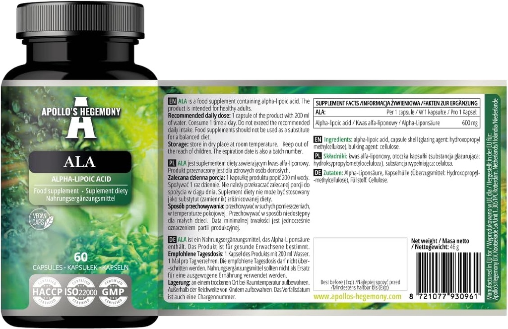 APOLLO'S HEGEMONY ALA (acide alphalipoïque) 600 mg - 60 Capsules végétaliennes - Optimise la gestion du glucose - soutient la santé mitochondriale - approvisionnement de deux mois