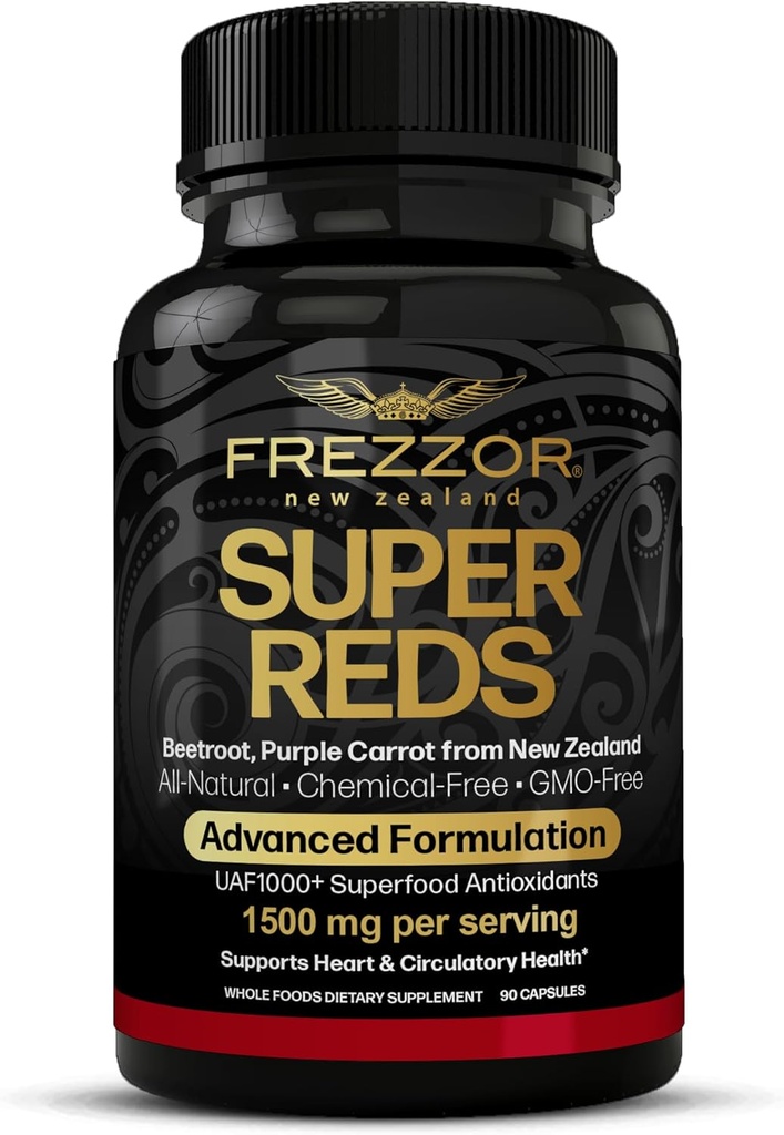 FREZZOR Super Reds Capsules avec UAF1000+, All-Natural New Zealand Red Superfood Energy, Essential Red Fruits Veggies & Beets, Antioxydants, Enzymes, Suppléments énergétiques, 90 Capsules, 1 Bouteille