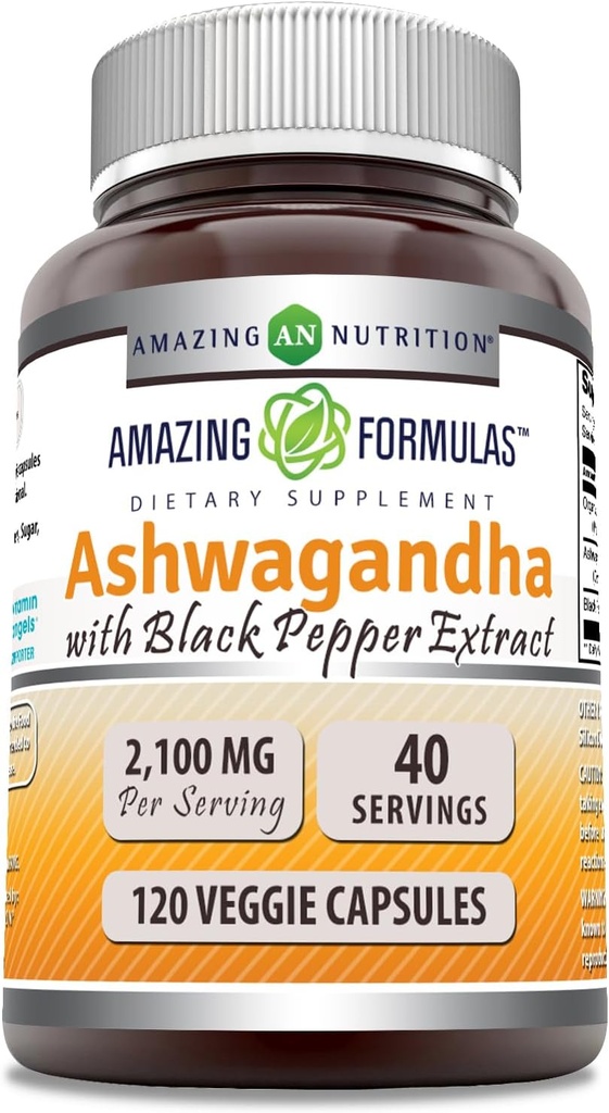 Formules étonnantes Racine d'Ashwagandha avec supplément d'extrait de poivre noir $ 2100 Mg par service $ Supplément de capsules de légumes $ Non-GMO $ Sans gluten $ Fabriqué aux États-Unis (1 Pack, 120 Compte)