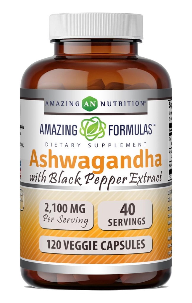 Formules étonnantes Racine d'Ashwagandha avec supplément d'extrait de poivre noir $ 2100 Mg par service $ Supplément de capsules de légumes $ Non-GMO $ Sans gluten $ Fabriqué aux États-Unis (1 Pack, 120 Compte)