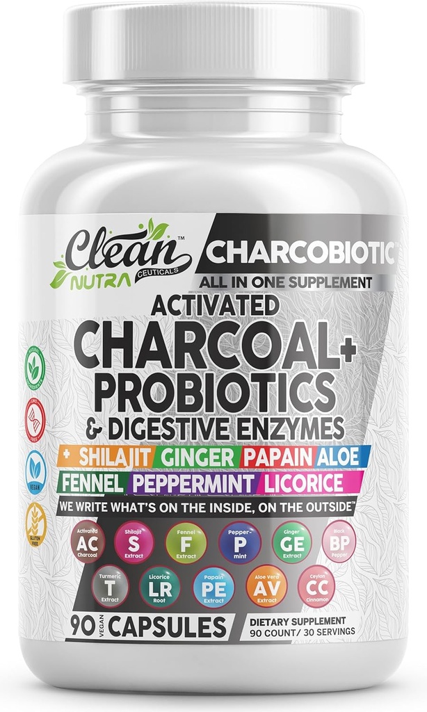 Nettoyant Nutra Pilules de charbon activées + Enzymes digestives probiotiques Shilajit pour la santé digestive Capsules avec réglisse de fenouil à menthe poivrée Papaine Ginger Poudre curcuma