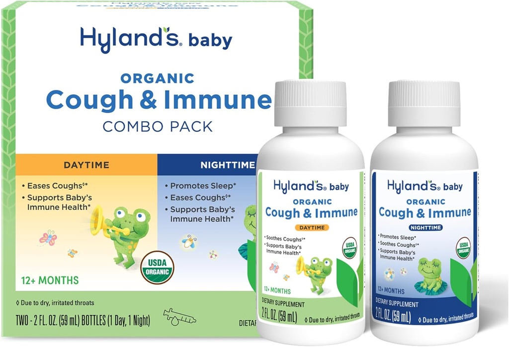 Hyland's Baby Organic Cough Sirop et Immune Support Day and Night Combo Pack, Eases Coughs, soutient l'immunité, favorise le sommeil, deux bouteilles de 2 fl Oz. (4 fl oz)