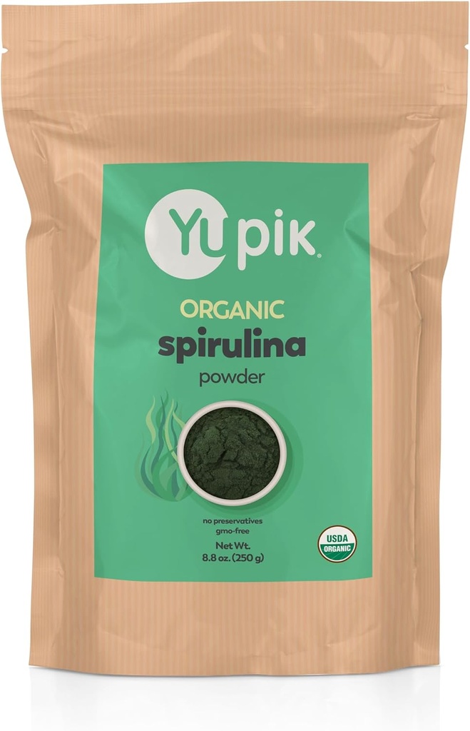 Poudre de Spiruline biologique Yupik 8.8 oz, USDA certifié, non-OGM, casher, sans gluten, végétalien, riche en protéines, fer et antioxydants, super-aliments pour les smoothies, Shakes & Baking