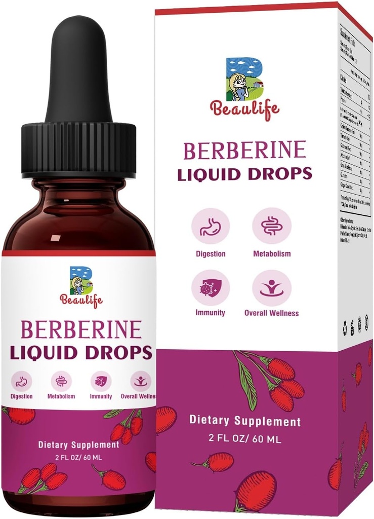 Supplément Berberine HCL - gouttes liquides berbères avec racine de seau d'or, feuille d'artichaut, cannelle Ceylan, supplément Berberine Veggie pour immunone, système de digestion et soutien de santé cardiaque