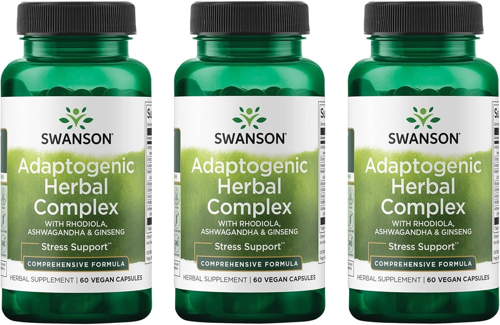 Swanson Rhodiola Ashwagandha Complexe Ginseng Mood Énergie Fonction immunitaire Système nerveux Stress Support Adaptogen Herb Supplément 60 Capsules (3 Pack)