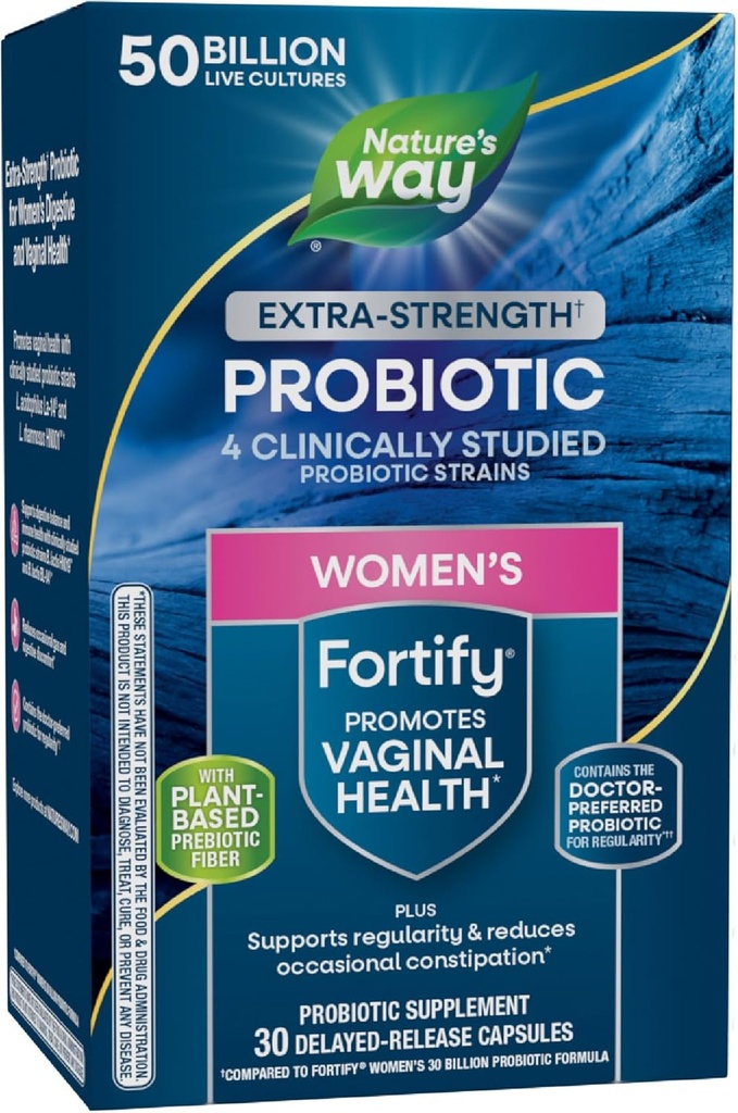 Nature's Way Women's Extra Strength(1) Fortifier les cultures probiotiques 50B, soutient la santé digestif, vaginale et immunitaire*, la fibre prébiotique végétale, le projet non OGM vérifié, 30 capsules