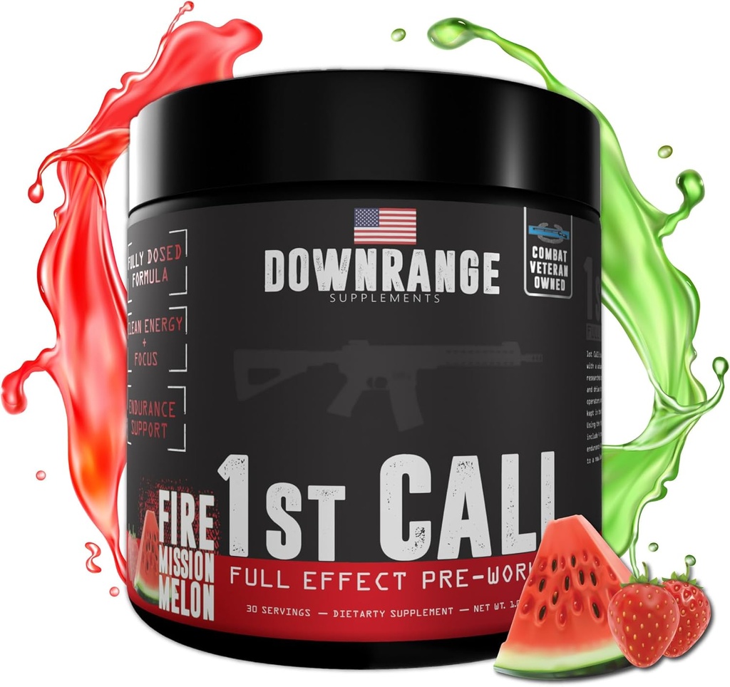 DownRange 1st Call Pre Workout Powder, Preworkout pour les hommes et les femmes, Amino Acid Beta Alanine & Caféine pour la pompe, l'énergie et le soutien focal, 30 portions (Mélon d'eau aux mûres)