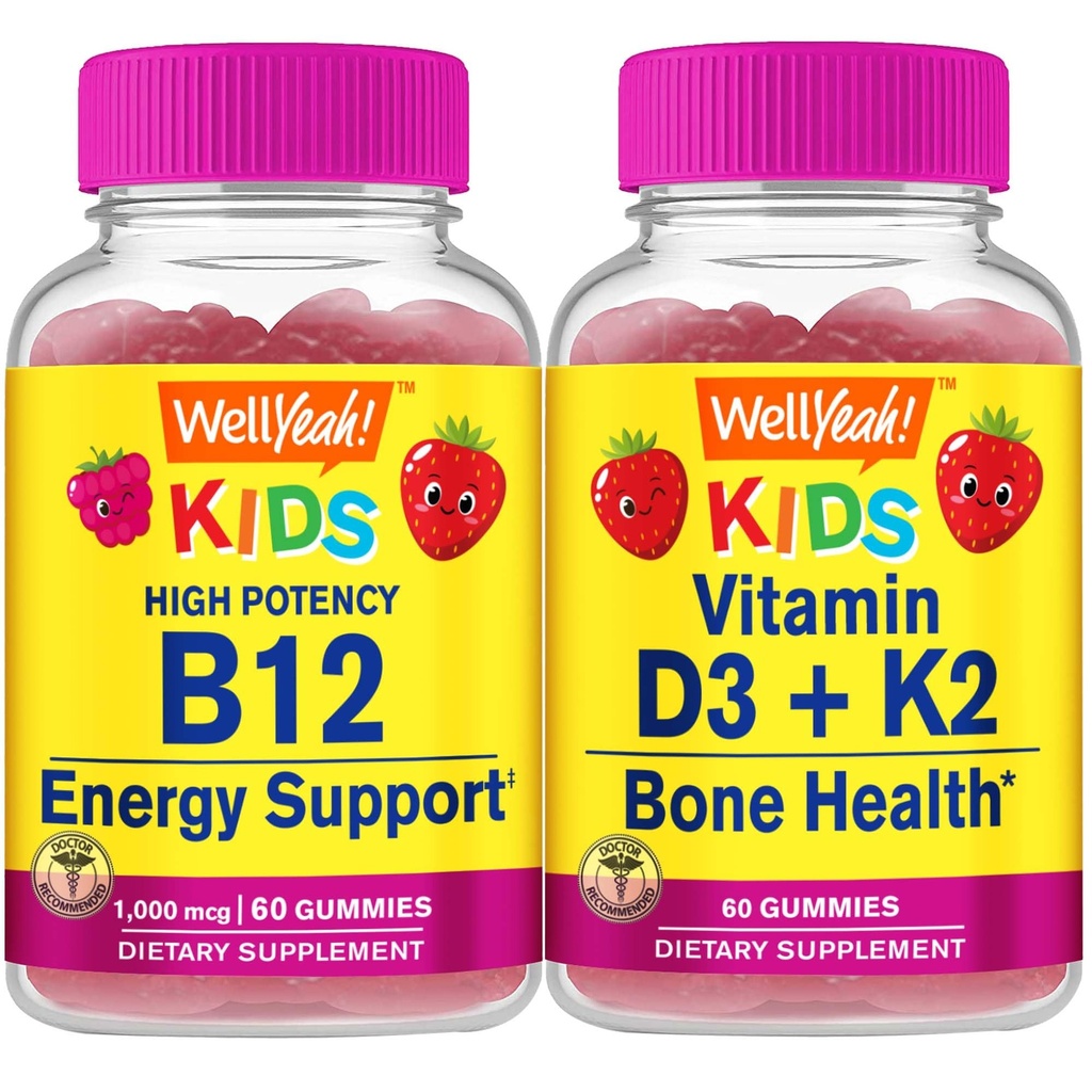 Eh bien oui Vitamine B12 Enfants + Vitamine D3+K2 Enfants, Gommies Bundle - Grande dégustation, supplément de vitamine, sans gluten, sans OGM, gommy à croquer