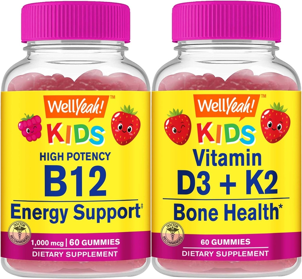 Eh bien oui Vitamine B12 Enfants + Vitamine D3+K2 Enfants, Gommies Bundle - Grande dégustation, supplément de vitamine, sans gluten, sans OGM, gommy à croquer