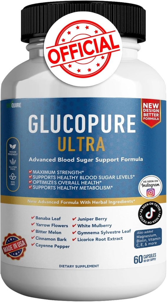 Gluco Pure Ultra Dietary Supplément, 60 Capsules, la force maximale, soutient des niveaux de sucre de sang sains, optimise la santé globale (1)