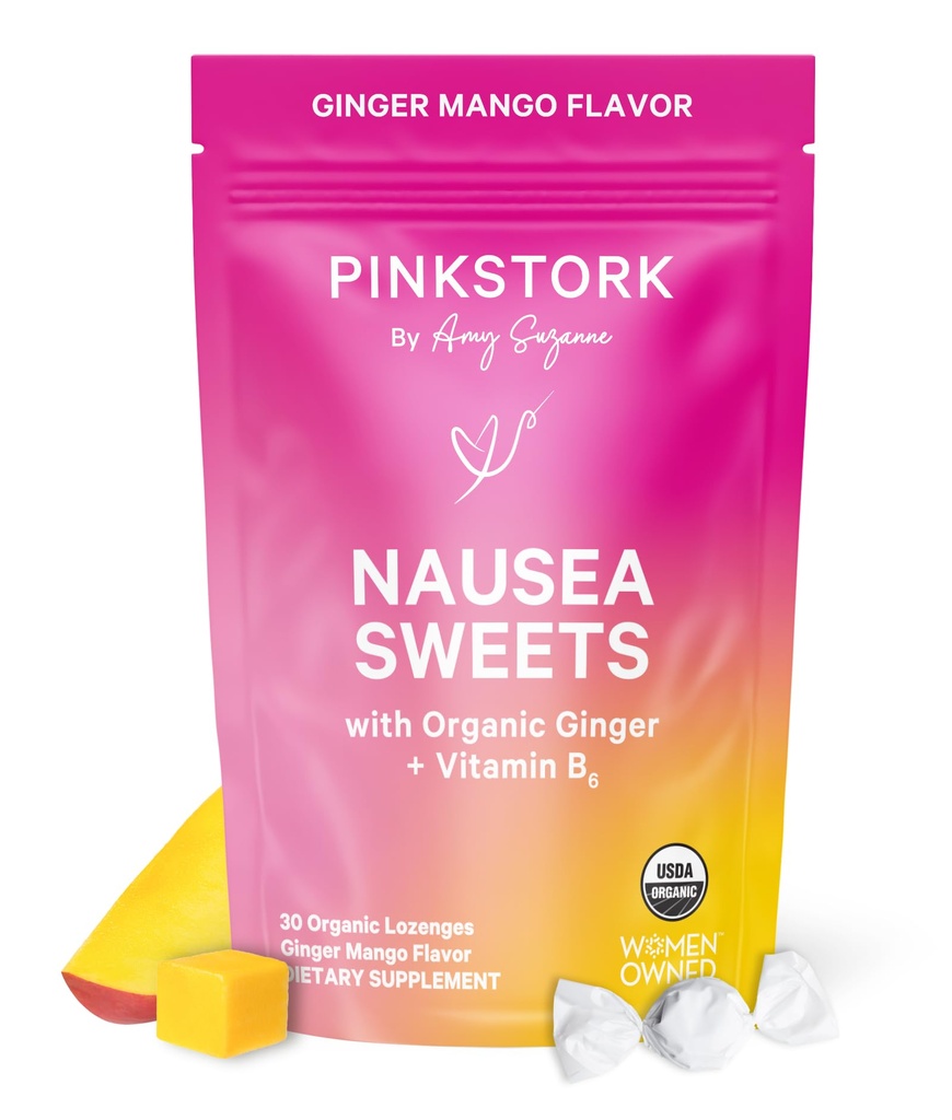 Pink Stork Organic Mango Sweets with Vitamine B6 for Morning Sickness and Motion Sickness, Added Ginger & Vitamine B6, 1st Trimester Grossesse Doit avoir - 30 bonbons enrobés