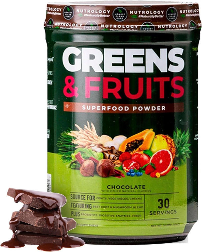 Nutrologie Verts et fruits Fruits, légumes, poudre de betterave et mélange de champignons, probiotiques, enzymes digestives, fibre, antioxydants, support immunitaire, sans gluten - chocolat