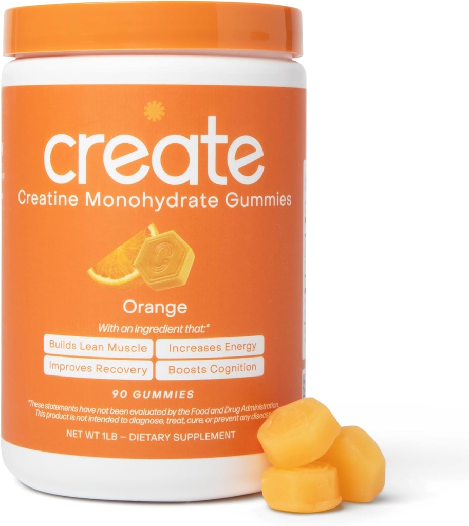 Créer des gommes monohydratées créatine pour les hommes et les femmes, boost focus, force et endurance, formule anti-melting, végétalien, sans gluten, non-OGM, 1,5g de créatine par gummy (Orange, 90 ct)