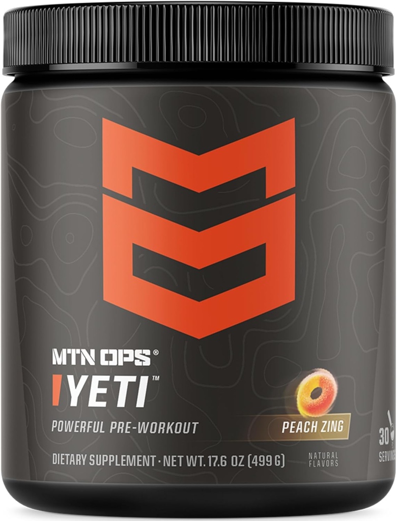 MTN OPS Yeti boisson pré-travail en poudre d'énergie avec la créatine, 200mg caféine et BCAA avec Beta Alanine, 30-Serving Tub, Peach Zing