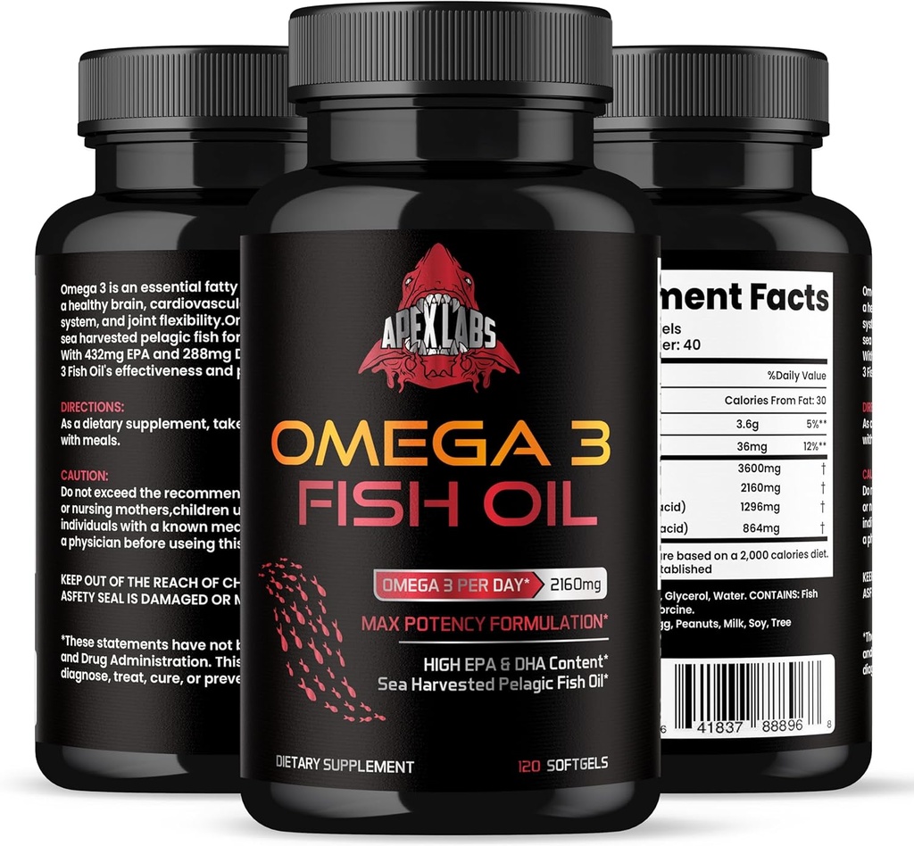 Triple Strength Omega 3 Huile de poisson - Supplément d'huile de poisson sans Burpless w/EPA & DHA Acides gras provenant d'une seule source Wild Alaska Pollock - 1200 mg, 120 ct