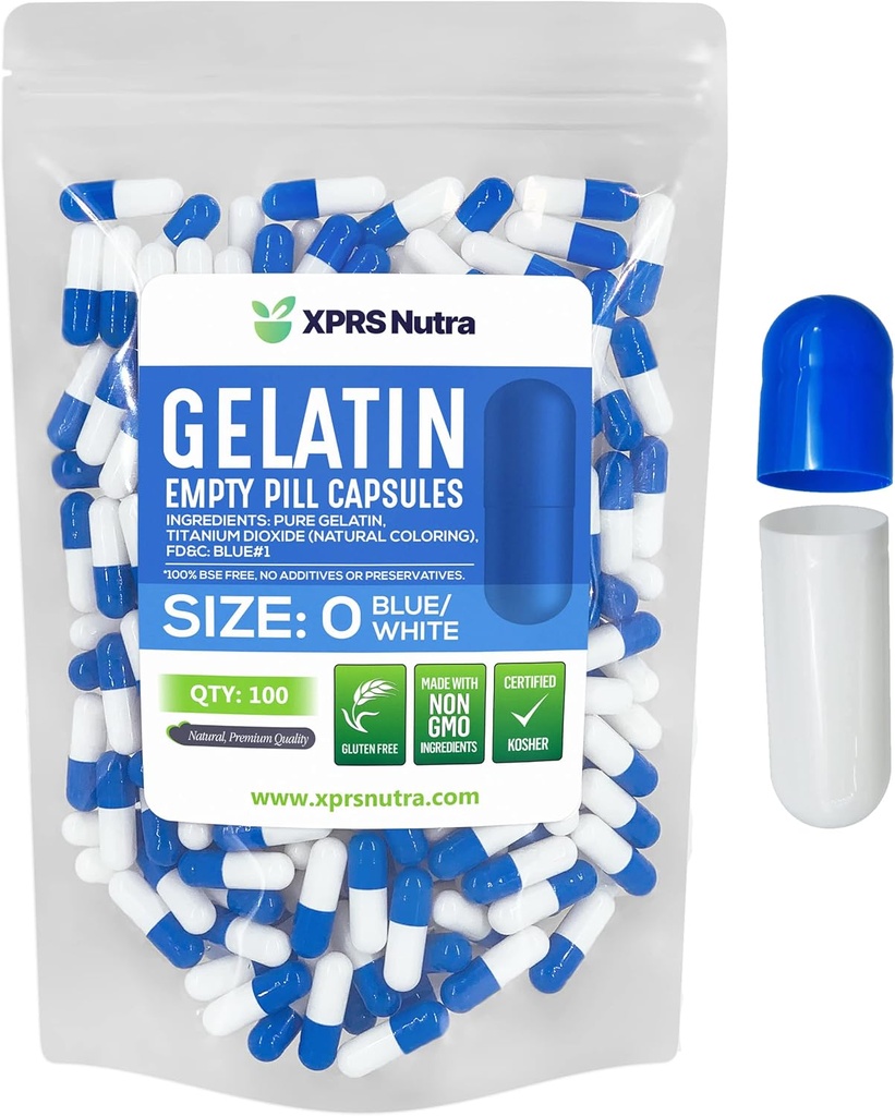 XPRS Nutra Taille 0 Capsules vides - 100 Compte Capsules de gélatine vides - Pills Bricolage Capsule Remplissage - Pure Pilule Gel Caps pour Do-It-Youlf Suppléments (Blue/White)