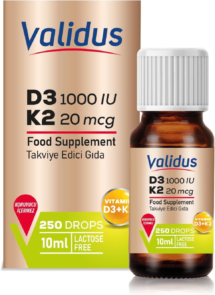 VALIDUS Vitamine D3K2 gouttes – Vitamine haute puissance D3 + K2 MK-7, 250 gouttes liquides, Absorption améliorée pour la santé des os et du coeur, soutient la fonction immunitaire, non-OGM, sans gluten, facile à utiliser, 10 ml