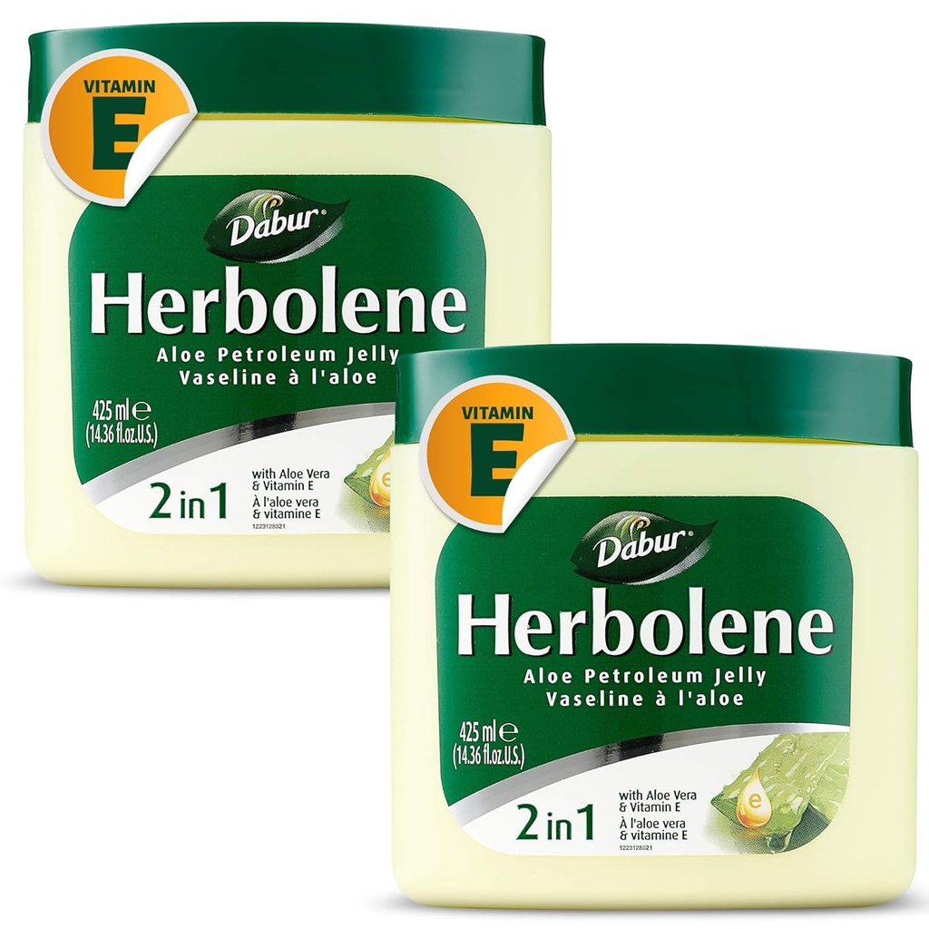 Dabur Herbolène Aloe Vera Gel Pétrole Jelly -Enhanced with Vitamine E for Deep & Intensive Peau Hydratante - Doucement sur la peau sensible - Béatitude nourrissante et hydratation persistante - 425 ML (paquet de 2)