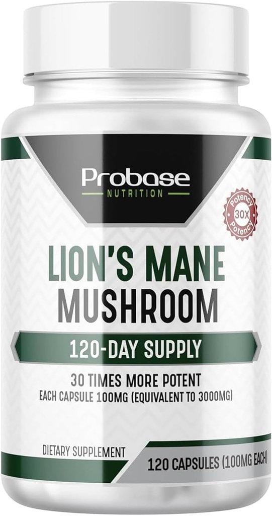 Probase Nutrition Lions Mane Supplément Capsules 30x Extrait de puissance Supplément de champignons 4 mois d'approvisionnement 120 Compte