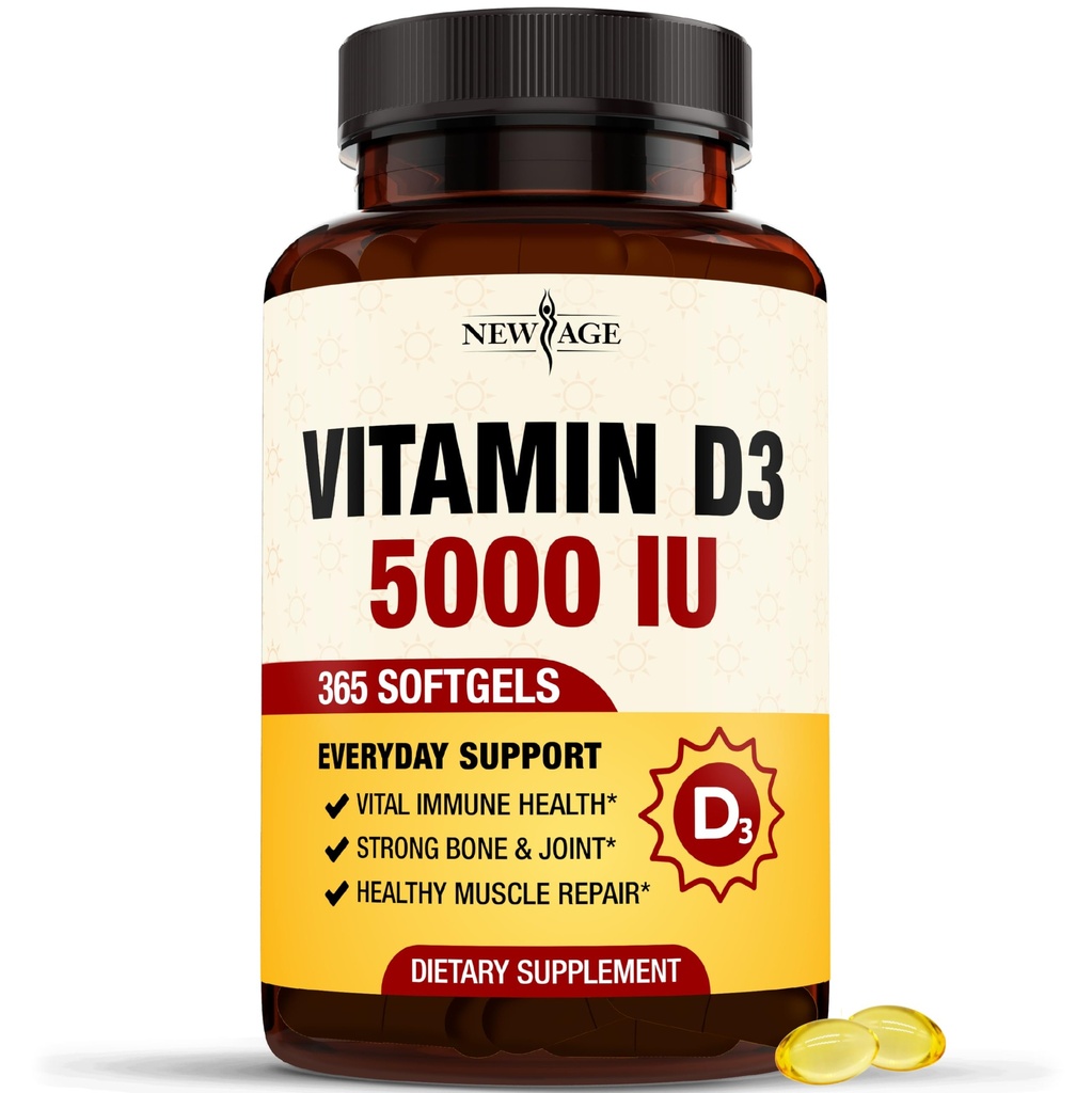NEW AGE Vitamin D3 5000 IU 125mcg Softgels - Support Immune Support, Strong Bone Health - Non-GMO, Gluten-Free, Dairy-Free,1 Year Supply (360 Softgels (Pack of 1))
