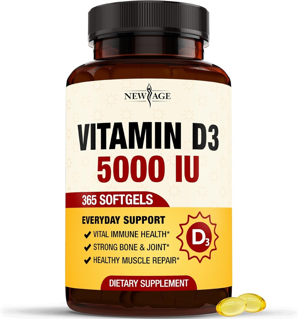 NEW AGE Vitamin D3 5000 IU 125mcg Softgels - Support Immune Support, Strong Bone Health - Non-GMO, Gluten-Free, Dairy-Free,1 Year Supply (360 Softgels (Pack of 1))