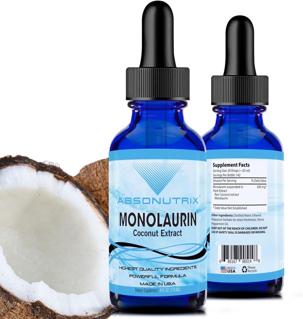 Absonutrix Monolaurin Extract liquide - 4oz liquide, 830 mg 142 portions, Fabriqué aux États-Unis, Absorption rapide, Ingrédients de qualité Potent, Non-OGM, Établissement certifié GMP, Produits sans cruauté a