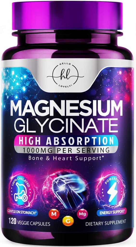 Magnésium Glycinate 1000mg - Haute absorption et chélaté pour soutenir la santé des os, des muscles, des nerfs et du coeur - Sommeil naturel et soutien du stress Femmes et hommes - Vegan, sans gluten et sans soja, sans OGM - 120 capsules