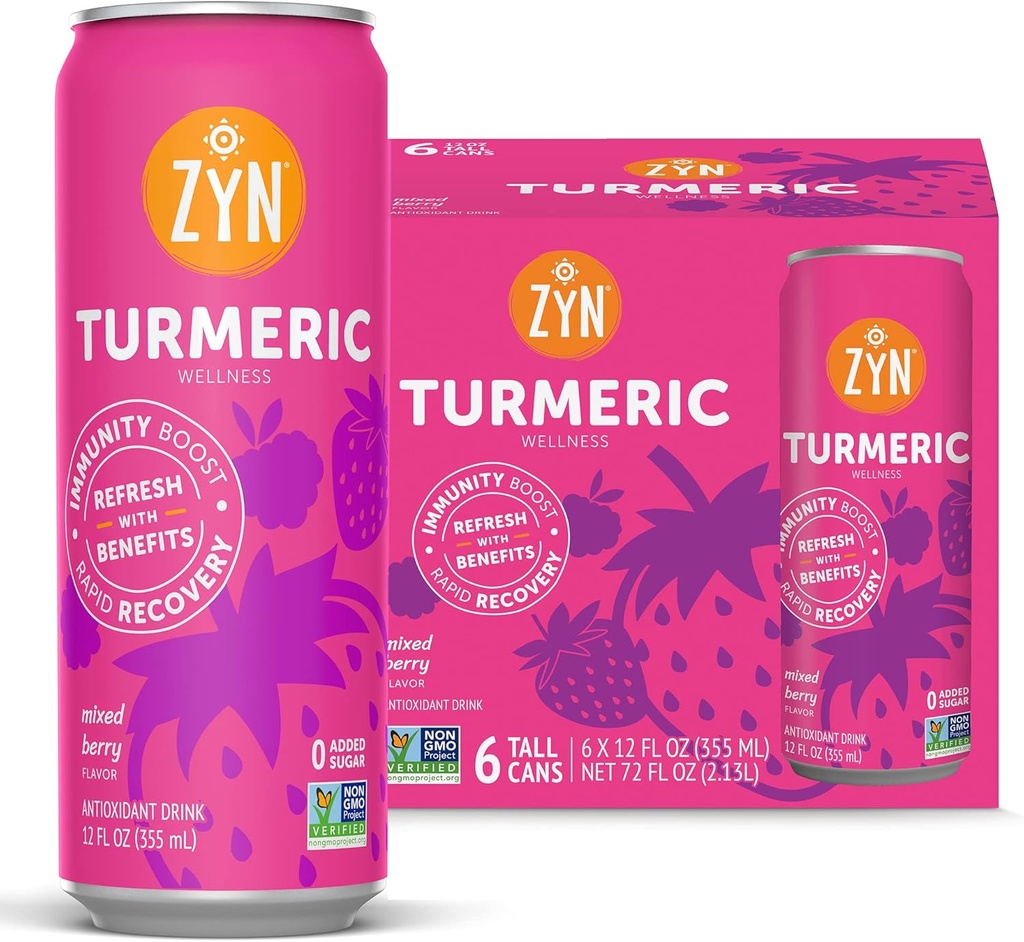 ZYN Turmeric Wellness Drink 6 (paquet), mélange de baies parfumées curcumine curcumine avec poivre noir, pas de sucre ajouté, faible teneur en glucides et faible teneur en calories, alternative propre