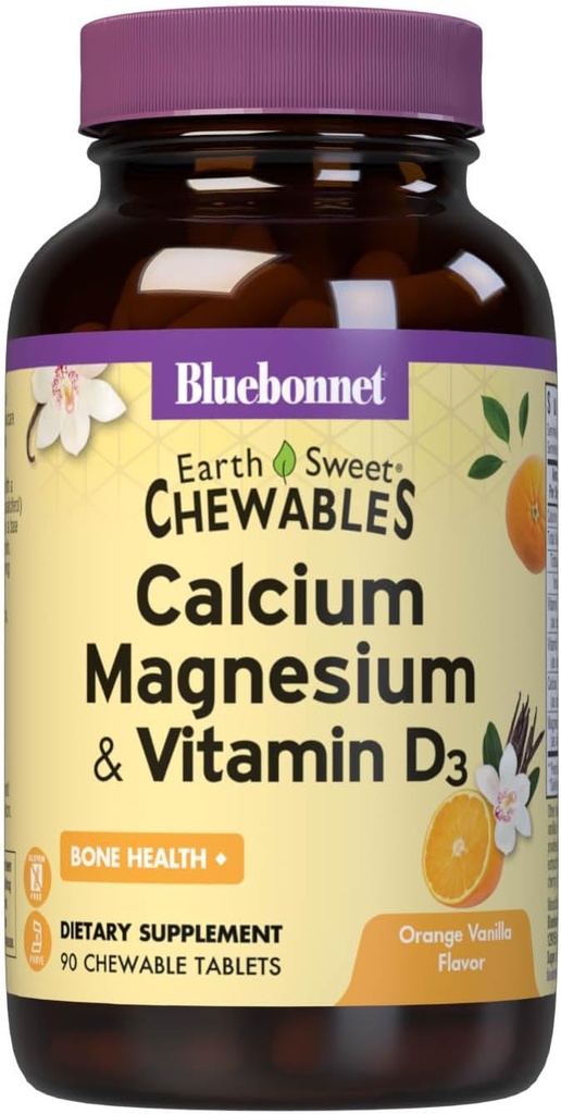 Bluebonnet Nutrition Calcium Magnésium Plus Vitamine D3 Truffe de terre, Bone Health & Muscle Relaxation, Sans soja, Sans gluten, Sans casher, Sans lait 90 comprimés à croquer à la vanille orange