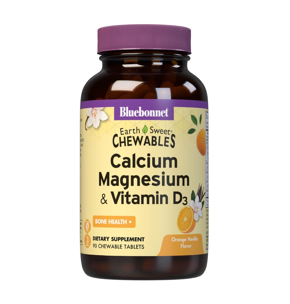 Bluebonnet Nutrition Calcium Magnésium Plus Vitamine D3 Truffe de terre, Bone Health & Muscle Relaxation, Sans soja, Sans gluten, Sans casher, Sans lait 90 comprimés à croquer à la vanille orange