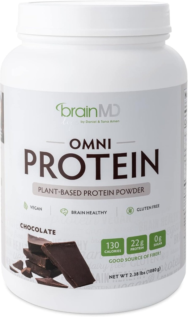 BRAINMD Dr Amen Omni Protein Chocolate - 2,38 lbs - Poudre végétale de protéines - favorise la récupération d'énergie et d'exercice - végétalien, végétarien, sans sucre, sans gluten - 30 portions
