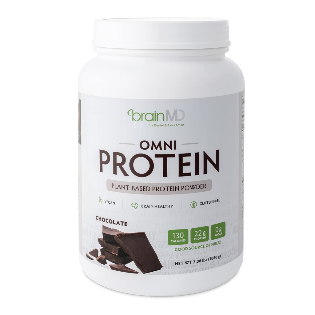 BRAINMD Dr Amen Omni Protein Chocolate - 2,38 lbs - Poudre végétale de protéines - favorise la récupération d'énergie et d'exercice - végétalien, végétarien, sans sucre, sans gluten - 30 portions