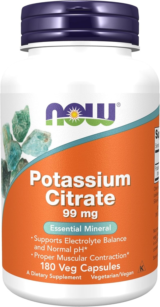 MAINTENANT compléments alimentaires, citrate de potassium 99 mg, soutient l'équilibre électrolytique et le pH normal*, minéral essentiel, capsules de 180 vég
