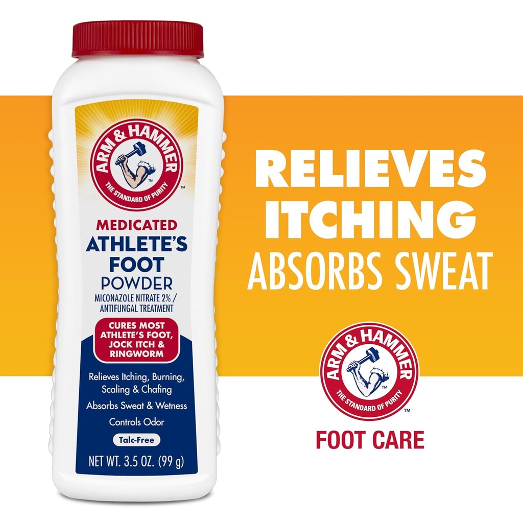 Poudre de pied d'athlète Arm & Hammer - Traitement antifongique pour les pieds avec du bicarbonate de soude - Soulage les démangeaisons, les brûlures et l'odeur - Formule prouvée cliniquement - 3,5 oz 4 Pack (4)