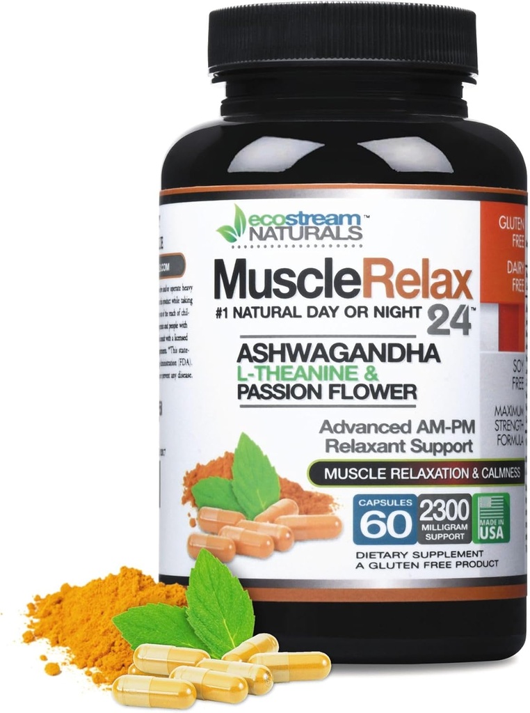 MuscleRelax 24h/24 et 7j/7 soutient la relaxation musculaire, la journée ou l'utilisation de nuit, ingrédients naturellement dérivés - sans gluten et efficace - 60 capsules végétariennes