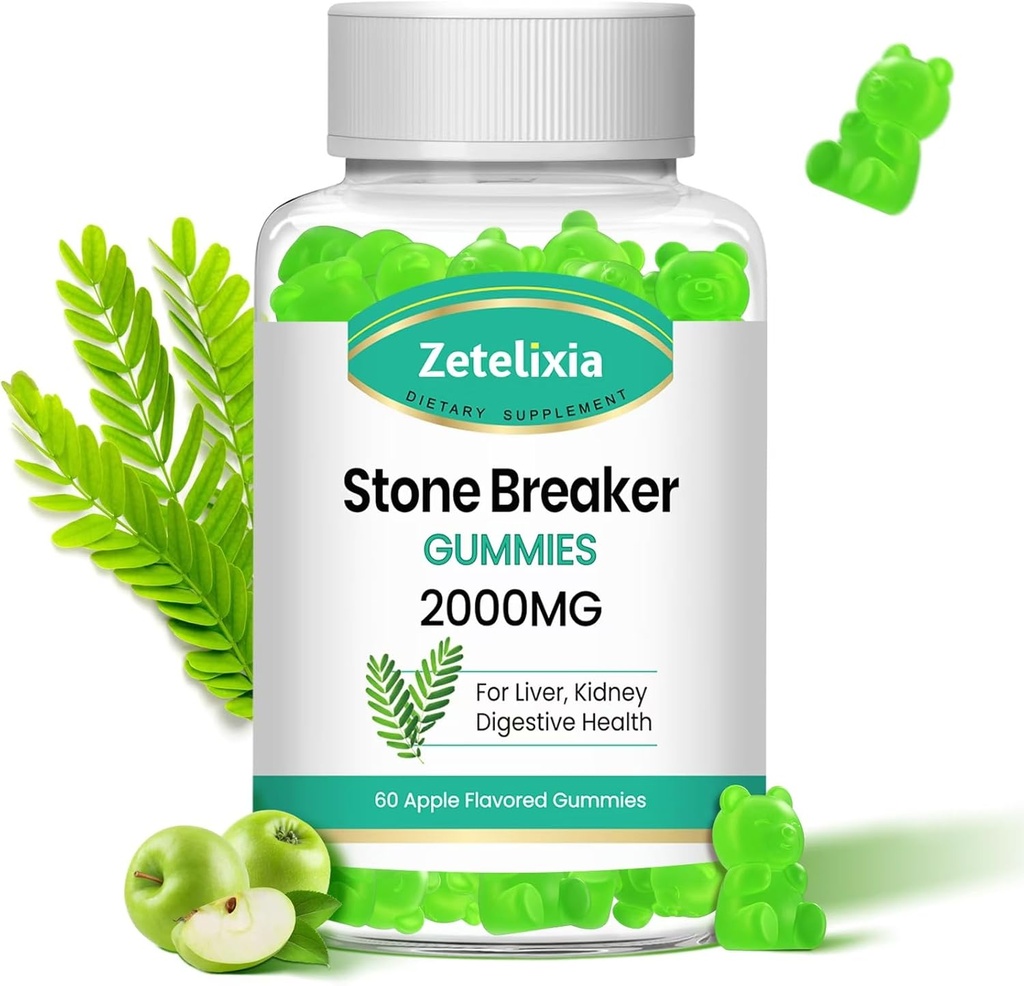 Chanca Piedra Stone Breaker Gummies, supplément à base de plantes biologiques pour le nettoyage du rein et la santé de la vésicule, dissolver les pierres de rein, sans sucre, végétalien, non-OGM, saveur de pomme, 60 comte
