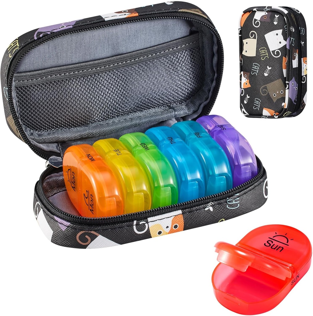 Serfeymi Weekly Travel Pill Organizer 2 fois par jour AM PM Upgraded Rainbow Pill Box 7 Day with Portable Zipper Pill Case en cuir PU, Organisateur de médecine pour les pilules, vitamines, huiles de poisson - Noir 02