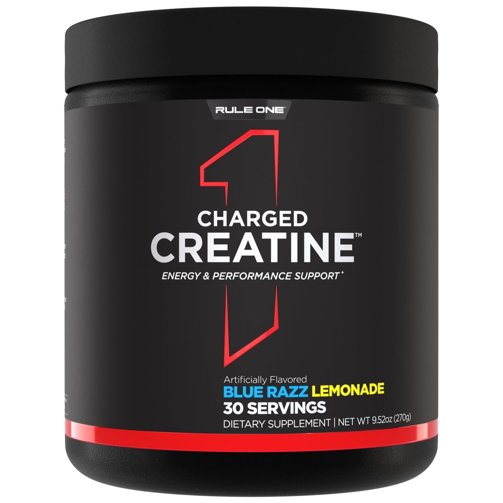 Règle 1 Créatine chargée - Supplément d'entraînement multi-fonctions avec créatine, électrolyte et mélanges d'énergie pour le support d'intensité, de performance et d'hydratation (30 portions, lémonade Razz bleu)