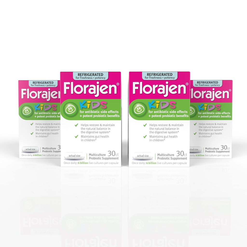 Probiotiques pour enfants de Florajen, supplément de soutien pour la santé quotidienne et immunitaire, soulagement de la constipation et du gonflement, 120 capsules (réfrigérées)