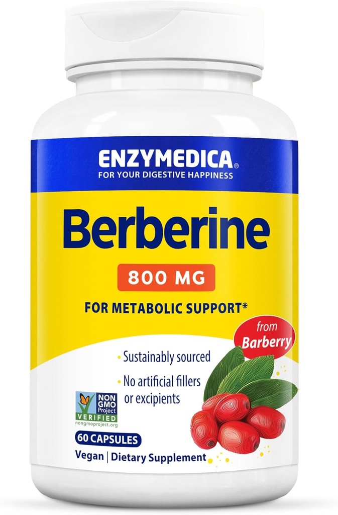 Enzymedica Berberine 800 mg – Capsules végétaliennes pour le soutien métabolique – à partir de baies d'origine durable – sans OGM, sans gluten, sans remplissage ni excipient – 60 capsules
