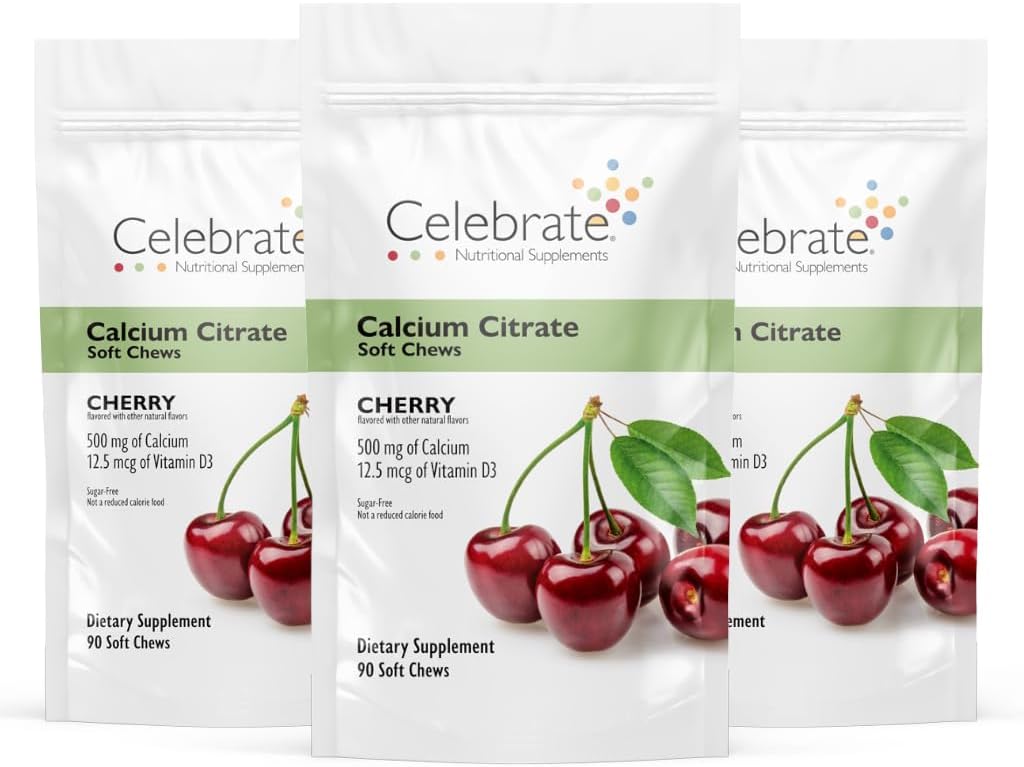 Célébrez les vitamines bariatriques 500mg Citrate de calcium Chews doux avec 500 UI de vitamine D3 – Essentiel pour les patients de contournement gastrique et santé des os - sans sucre et sans gluten, cerise (270 Chews)
