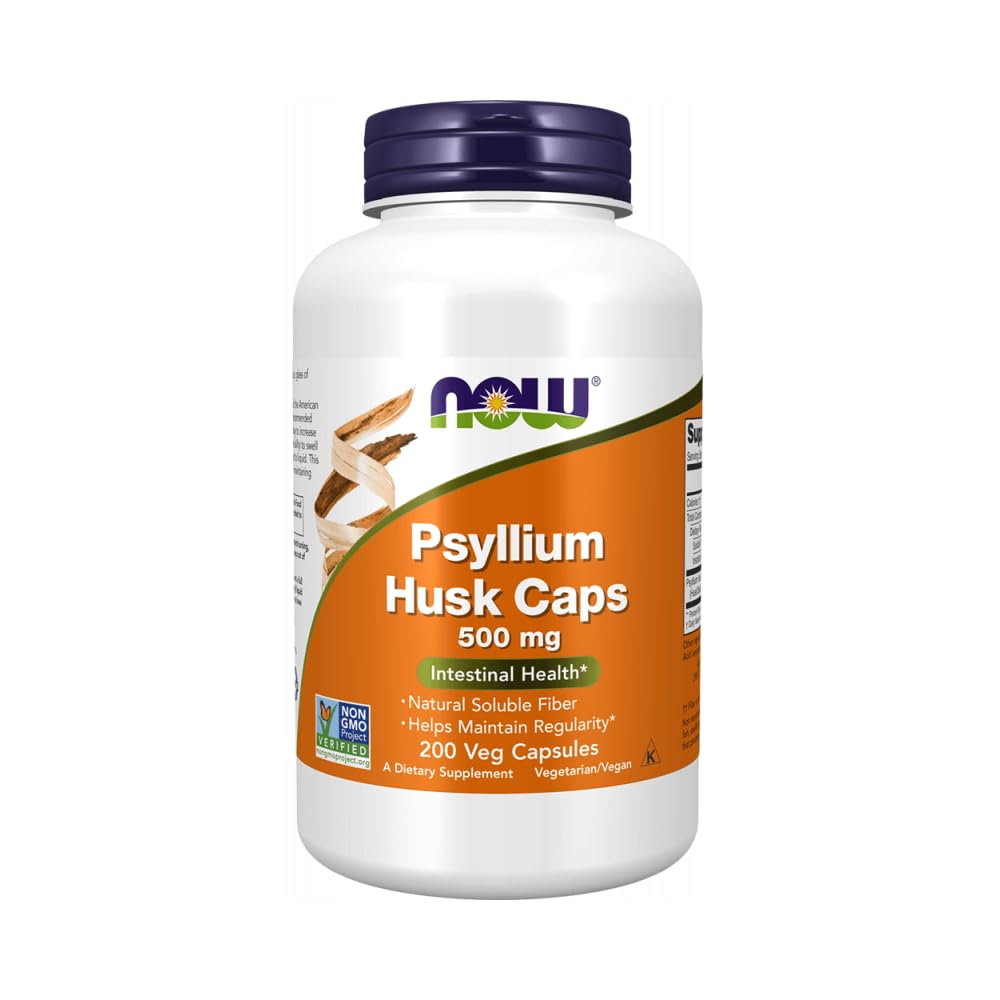 MAINTENANT Aliments suppléments, Psyllium Husk Caps 500 mg, Projet non-OGM Vérifié, fibre soluble naturelle, santé intestinale*, 200 gélules