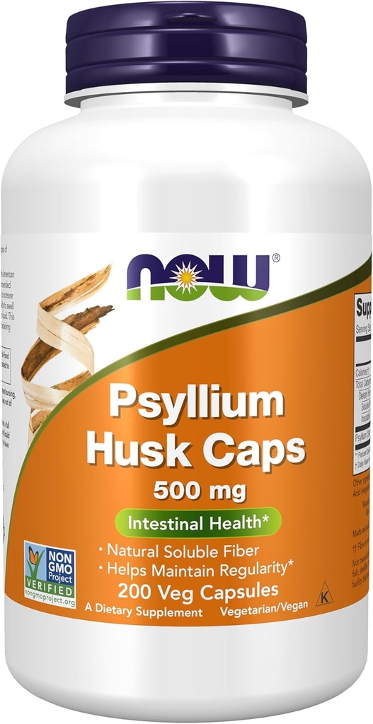 MAINTENANT Aliments suppléments, Psyllium Husk Caps 500 mg, Projet non-OGM Vérifié, fibre soluble naturelle, santé intestinale*, 200 gélules