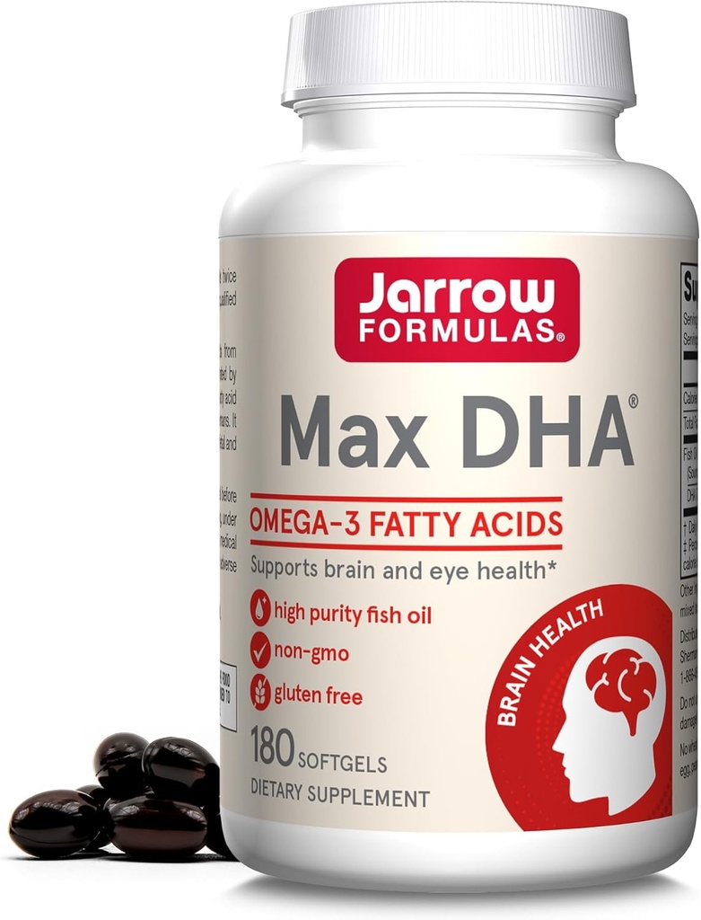 Formules de Jarrow MaxDHA - 180 Softgels - Huile de poisson haute pureté - Supplément soutient la santé du cerveau et des yeux - Concentré dans les acides gras oméga-3 et enrichi en DHA - 90 portions