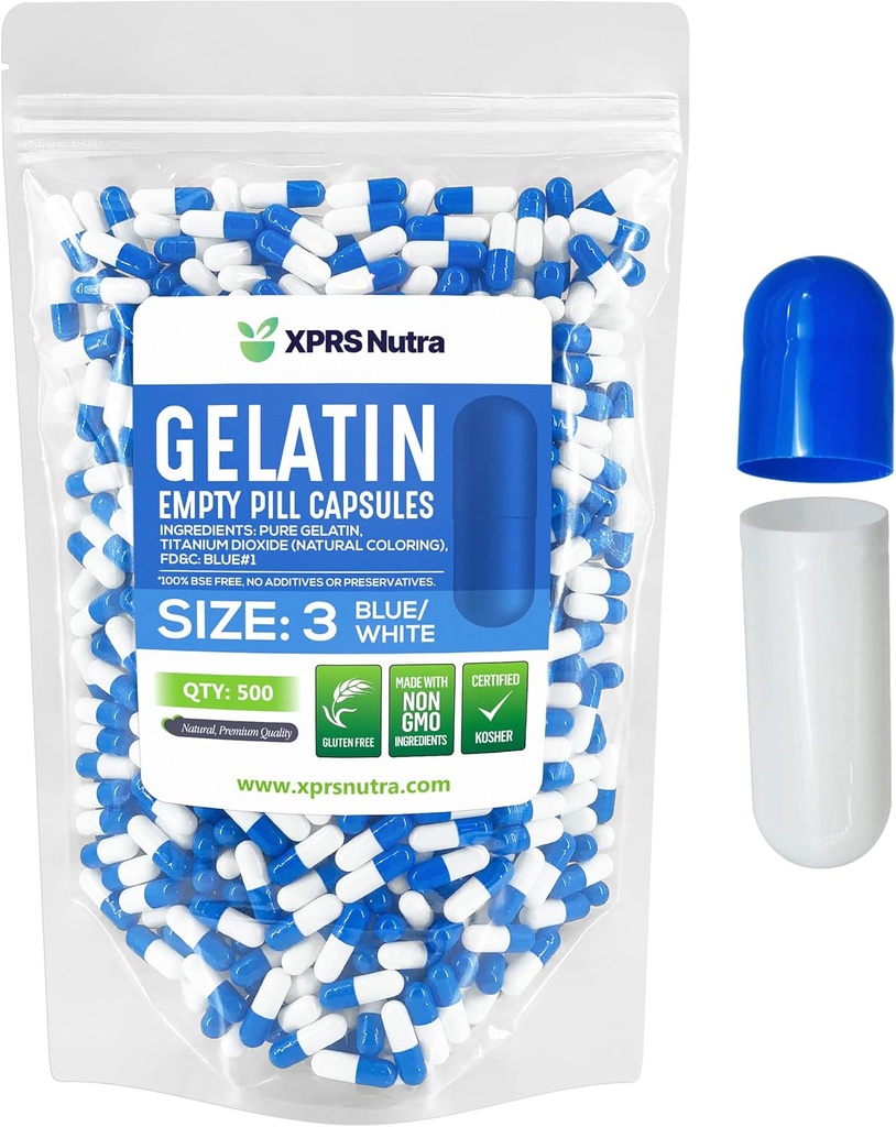 XPRS Nutra Taille 3 Capsules vides - 500 Compte Capsules de gélatine vides - Pills Bricolage Capsule Remplissage - Pure Pilule de Gel de Pilule pour Do-It-Youlf Vitamines et Suppléments (Blue/White)