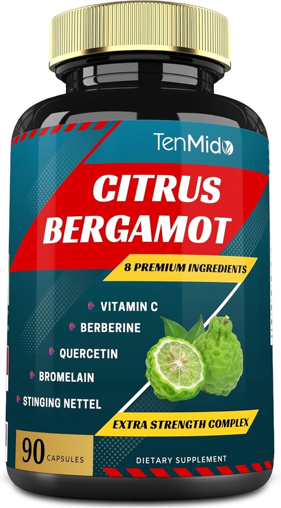 Capsules d'extrait d'agrumes Bergamote avec vitamineC, berbère, quercétine, bromelain, échinacées, poivre noir - 3 mois d'approvisionnement, 90caps
